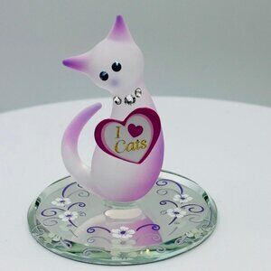Pink Glass Cat Figurine I Love Cats Decor Kitty Collectible Animal Display Gift